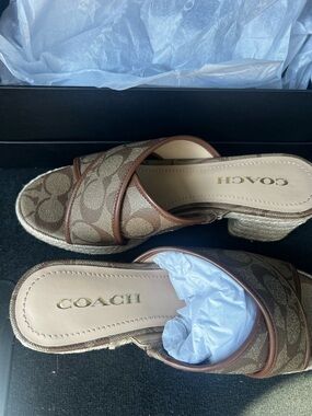 Coach Brown Signature Canvas Espadrille Wedge Mules